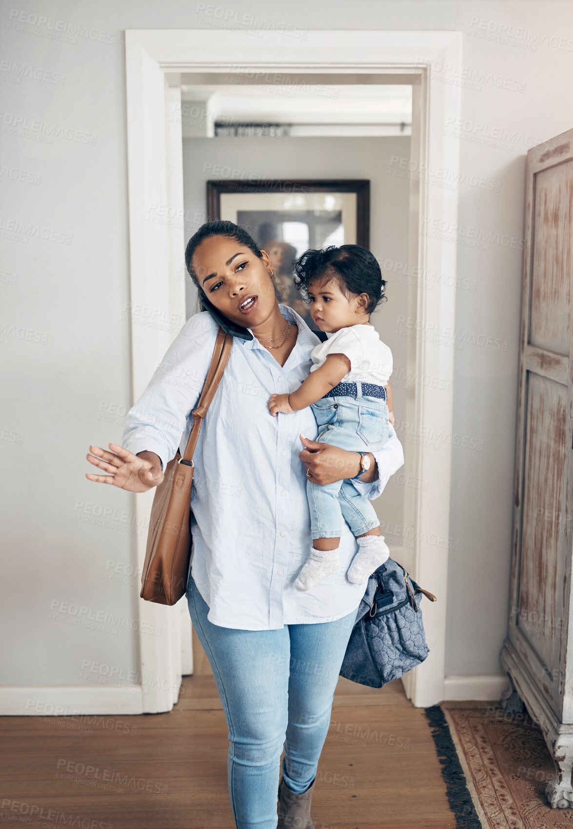 Buy stock photo Woman, phone call and bags with infant in home, multitasking and busy with responsibility. Mother, holding baby and talking to freelance client for remote work, household errands and time management