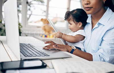 Buy stock photo Mother, child and laptop multitasking with research for remote work, freelance talk or life balance in home. Brand consultant, mom and baby with tablet, streaming app and online video or fun games