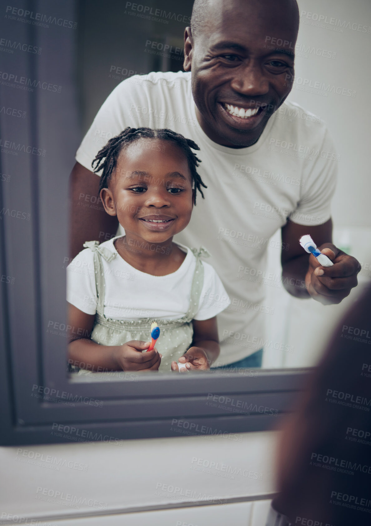 Buy stock photo Black family, mirror and brushing teeth in home, dental health and father with daughter for hygiene. Love, bathroom and child learning self care in routine, morning treatment and oral reflection