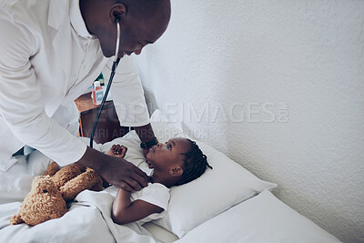 Buy stock photo Shot of a doctor doing a checkup on a sick little girl at home