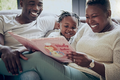 Buy stock photo Black family, home and reading story book with kid, fairytale and support toddler in education. Love, parents and listening to fantasy literature in lounge, learning language and bonding together