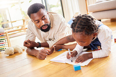 Buy stock photo African father, girl and floor for drawing, paper and learning together with help, love and care in home lounge. Black man, daughter and teaching with toys, notebook and helping hand in family house