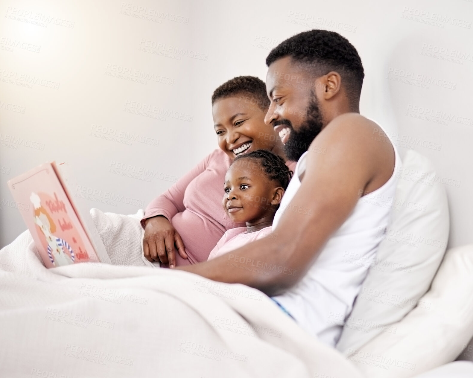 Buy stock photo Child, reading and parents with book in bed for learning language in story and education in home. Happy, black family or kid relax with creative fairytale for development of literacy with mom and dad