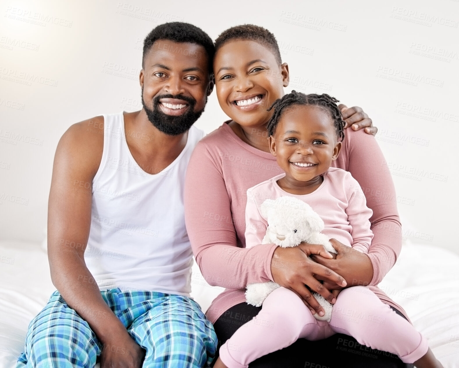 Buy stock photo Black family, bonding and child with portrait on bed for relationship love, support and teddy hug. Young girl, African man and woman in bedroom with embrace for morning wake up and trust together