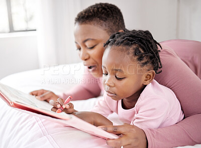 Buy stock photo Love, reading book and mother with child in bed for learning, drawing and fun at home. Storytelling, family and parent with girl in bedroom with notebook for literature, art or writing in their house