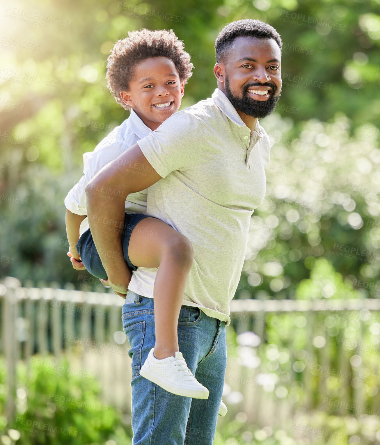 Buy stock photo Father, son and piggyback portrait in nature, holiday and carrying game in outdoor on vacation. Black family, boy and daddy for bonding in woods or park, adventure and support for play in forest