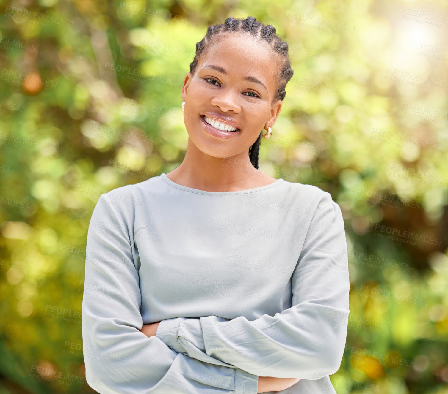 Buy stock photo Happy, black woman and portrait with confidence in nature for summer or eco friendly environment at park. Face of young African or female person with smile or arms crossed for day in outdoor sunshine