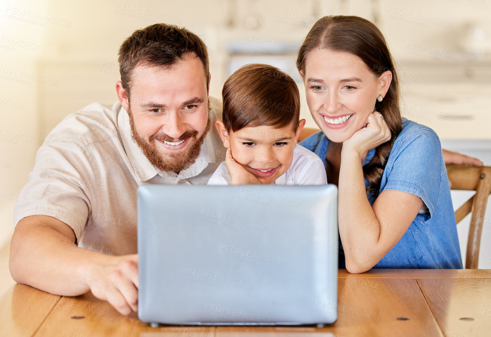 Buy stock photo Bonding, family and laptop for elearning of child, mother and father with kid, watch and smile for education. Home, table and parents together with boy, knowledge and video for school and weekend