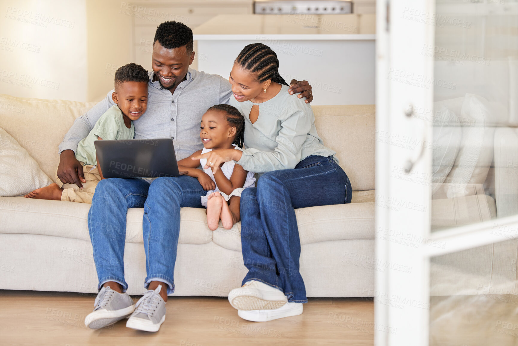 Buy stock photo Black family, laptop and kids on sofa for video, streaming on internet for digital subscription together. Man, woman and children with computer for film, movies or games on lounge couch for holiday