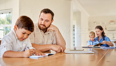 Buy stock photo Homework, father and mother with boys, education and conversation with fun, bonding together and love. Apartment, family and dad with mama, kids and child development with knowledge, help or teaching