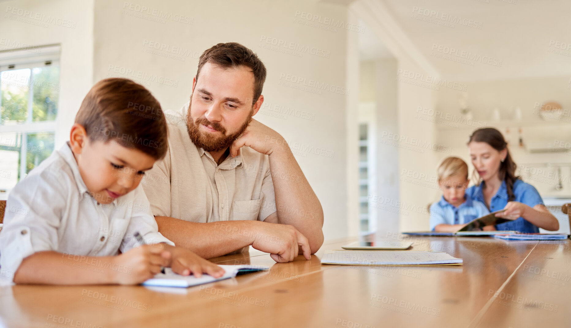 Buy stock photo Homework, father and mother with boys, education and conversation with fun, bonding together and love. Apartment, family and dad with mama, kids and child development with knowledge, help or teaching