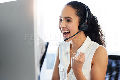 Buy stock photo Success, deal or excited woman in call center for bonus prize, online solution or good news. Achievement, wow or happy agent on computer with smile, telemarketing target or sales goal in insurance