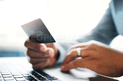 Buy stock photo Businessman, credit card and hand with laptop for online shopping, subscription service or sale. Procurement officer, technology and website for ecommerce, internet payment or company purchase