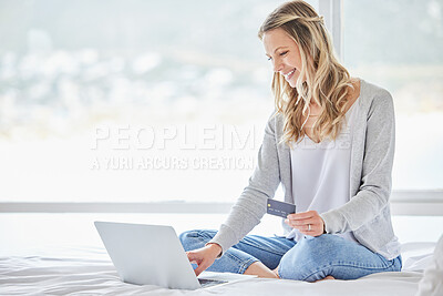 Buy stock photo Happy woman, laptop and bed with credit card for online shopping, payment or order at home. Female person or shopper with smile or debit on computer for virtual transaction or remote banking at house