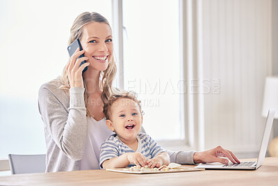 Buy stock photo Shot of a woman working on her laptop and talking on her cellphone while keeping her baby on her lap
