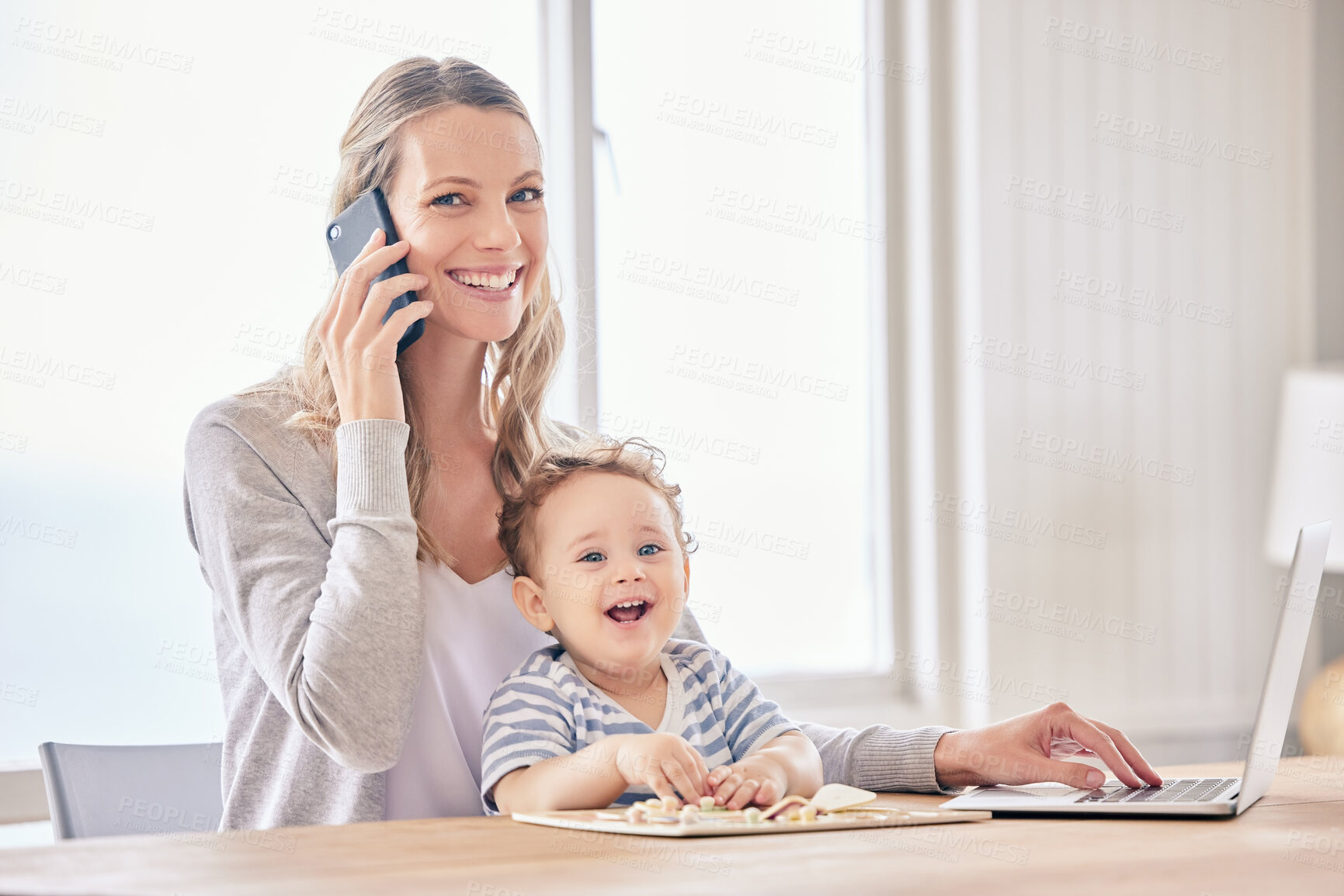 Buy stock photo Phone call, remote work and mama with baby, laptop and happiness with conversation, smile and project. Freelancer, home and mom with infant, computer and communication with portrait and multitasking