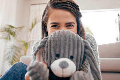 Buy stock photo Portrait, excited and woman with soft toy, playroom and toddler as cheerful or happy parent. Female person, home and child development for motor skills, cognition or behavior for bonding or care