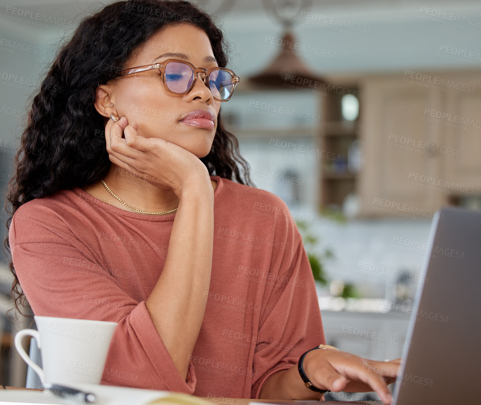 Buy stock photo Woman, thinking and laptop in home for planning, research and accounting or online course. Freelancer, savings and technology for investment, internet and budget or idea for stock market and strategy