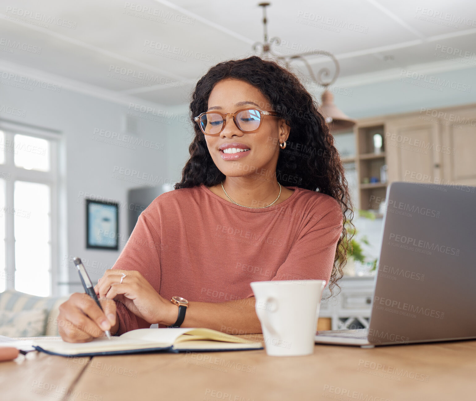 Buy stock photo Happy, African woman and journal for notes and online course in home for accounting and schedule. Finance student, savings and technology for project, strategy and studying or research on weekend