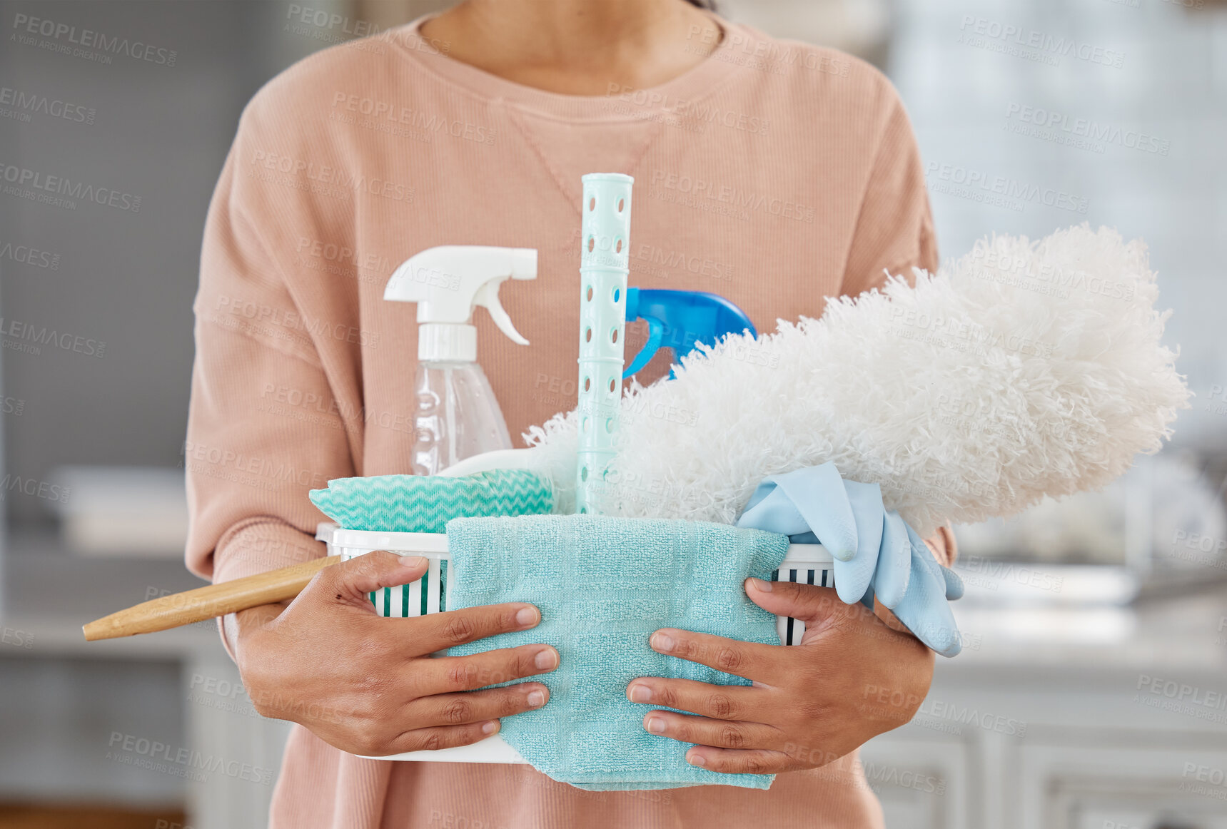 Buy stock photo Hands, woman and basket with cleaning tools for housekeeping service, disinfection and chemical product. Cleaner or maid girl, equipment container and professional sanitation for bacteria protection