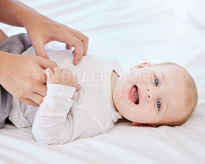 Buy stock photo Mother, hands and baby portrait with smile for love relationship and care for bonding in bedroom. Mama, newborn kid and play together for trust connection with laughing and development in family home