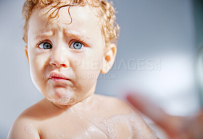 Buy stock photo Baby, boy and washing with foam in home for hygiene, wellness and cleaning for germs in bathroom. Infant, child and bath with soap for care, grooming and skincare to stop bacteria in family house