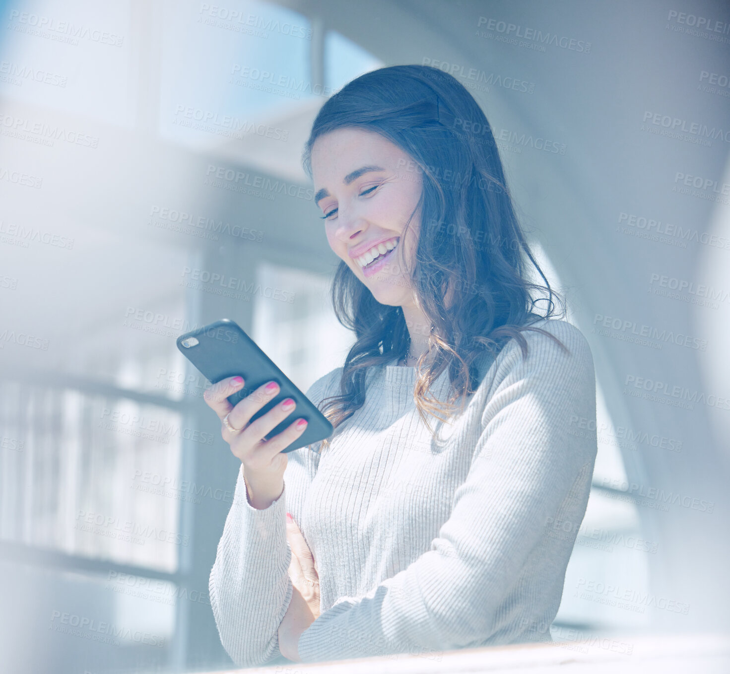 Buy stock photo Woman, phone and laughing for meme in home, social media and search on internet for funny joke. Female person, smile and app for silly conversation or chat, typing and comic website in apartment