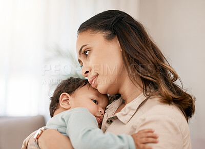 Buy stock photo Family, love and mother carry baby for bonding, quality time and loving embrace together at home. New born, motherhood and calm mom holding infant for care, support and affection in living room