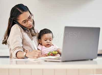 Buy stock photo Phone call, remote work and mother with baby, laptop and pen, busy freelancer worker writing project notes in book. Working at home, woman and child with cellphone, internet search and virtual job.