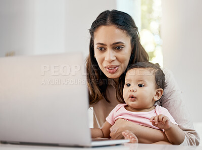 Buy stock photo Smile, remote work and mother with baby and laptop, happy freelancer worker with online project in apartment. Working at home, woman and kid girl with happiness, internet and virtual job in kitchen.
