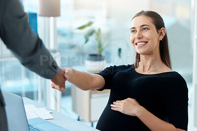 Buy stock photo Pregnant business woman, hand shake and office with man, welcome or hiring in finance company. Female HR manager, shaking hands and interview for recruitment with smile, respect and touching stomach