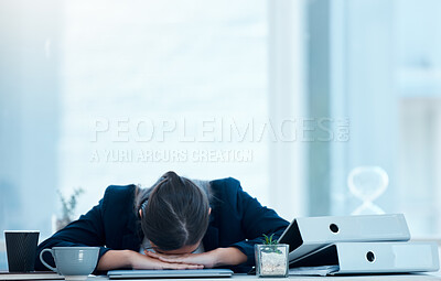 Buy stock photo Woman, desk and sleep for burnout or tired, fatigue and exhausted corporate worker in office. Nap, overworked and deadline for project manager person, coffee and workload pressure and low energy