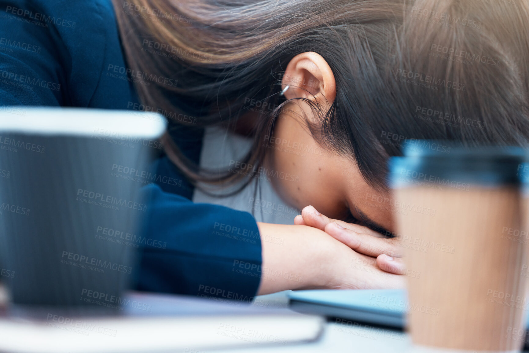 Buy stock photo Woman, desk and sleep for burnout or tired, fatigue and exhausted corporate worker in office. Nap, overworked and deadline for project manager person, coffee and workload pressure and low energy