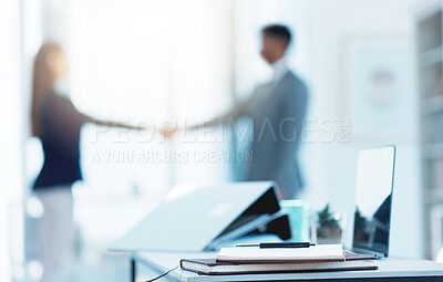 Buy stock photo Handshake, meeting notebook and business people in office with thank you, deal and agreement. Company team, shaking hands and networking of staff with interview, onboarding and hiring with paperwork