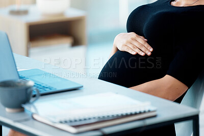 Buy stock photo Business woman, pregnant and hand on stomach in office with hope, love and future at finance company. Businesswoman, accounting and pregnancy at desk with self care, schedule and touching abdomen