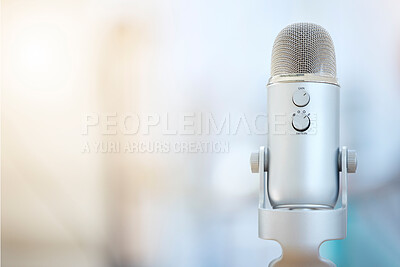 Buy stock photo Microphone, radio and recording studio for podcast with audio control or live stream, tech for dj or news. Sound gear, voice over production or talk show with mockup space for media or communication