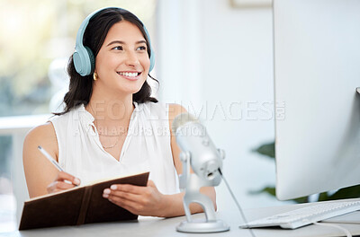 Buy stock photo Headphones, microphone or happy woman writing notes on podcast, online radio or network broadcast. Influencer host, or journalist reporter live streaming or thinking of content ideas or schedule 