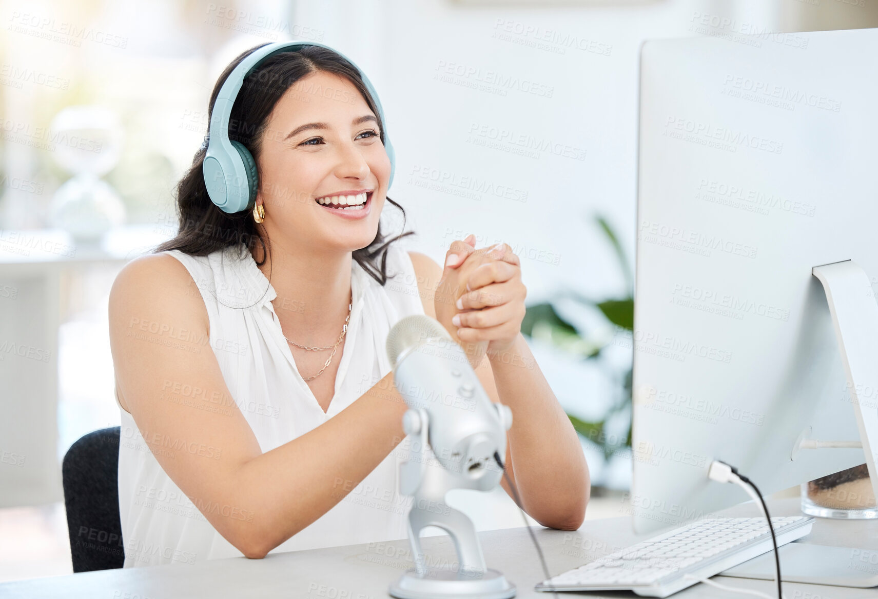 Buy stock photo Headphones, microphone or happy woman streaming a podcast media, online radio or network. Influencer host, broadcast or journalist reporter talking, recording or speaking of live news on computer 