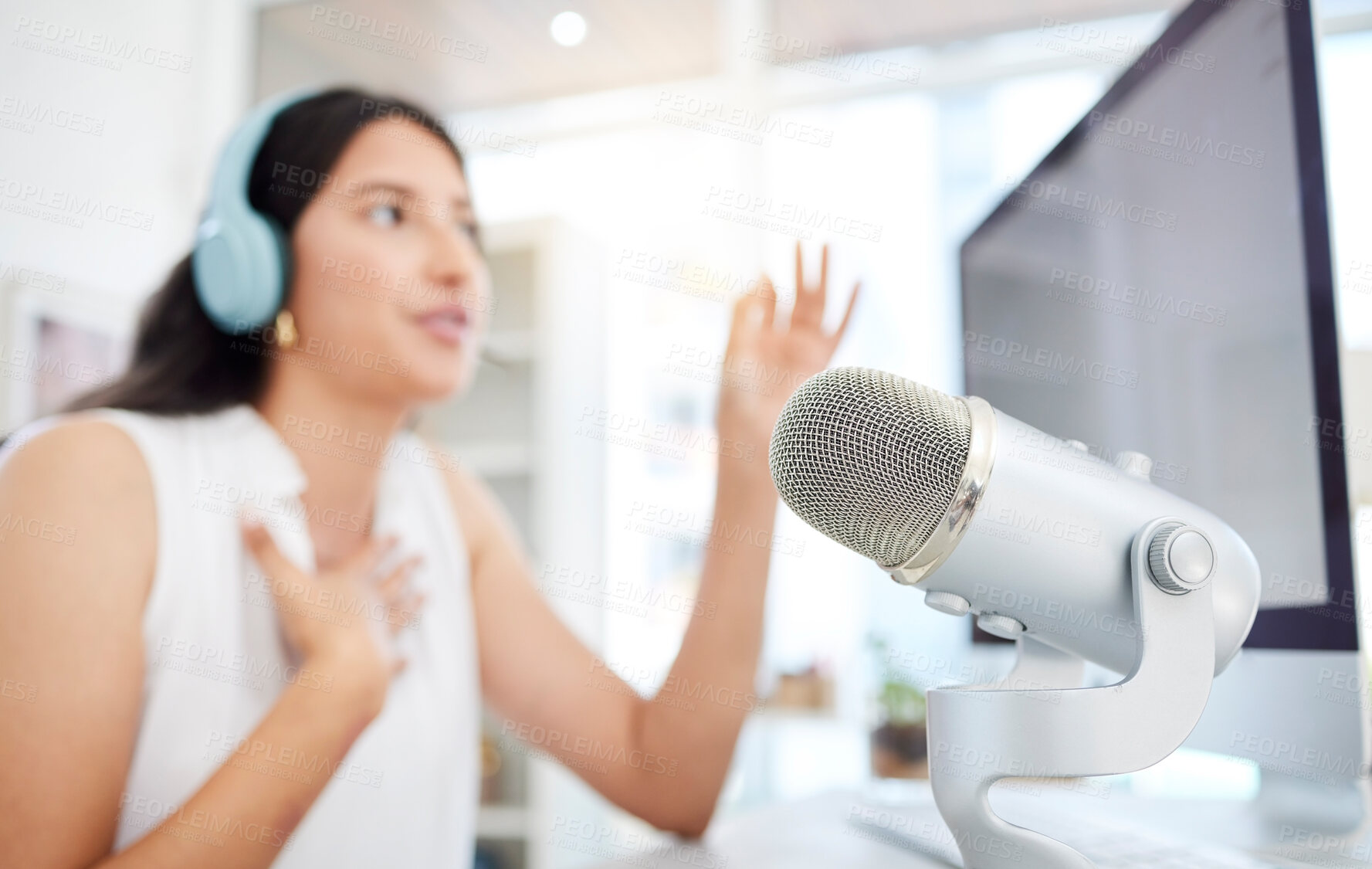 Buy stock photo Blur, microphone or woman live streaming a podcast media or online radio on news broadcast network. Influencer host, blurry presenter or girl journalist reporter talking, recording or speaking alone 