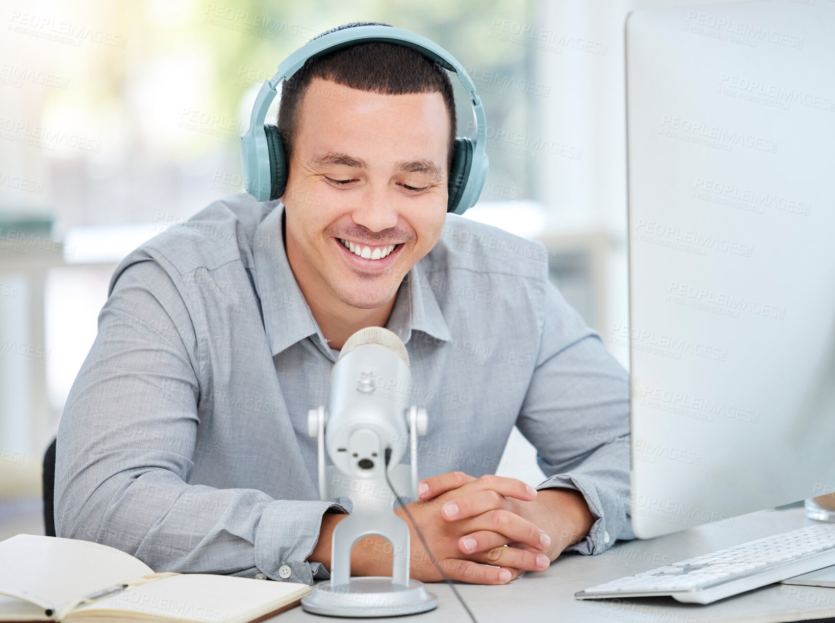 Buy stock photo Headphones, microphone or happy man streaming a podcast media, online radio or network. Influencer host, broadcast or male journalist reporter talking, recording or speaking of live news on computer 