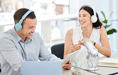 Buy stock photo Laughing, man or happy woman live streaming podcast or online radio on social media broadcast together. Funny influencer, teamwork or journalist reporters listening, discussion or speaking of comedy 