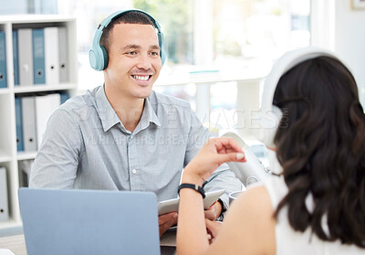 Buy stock photo Conversation, happy man or woman live streaming podcast or online radio on social media broadcast together. Influencer host listening, teamwork or reporters talking, discussion or speaking of news 