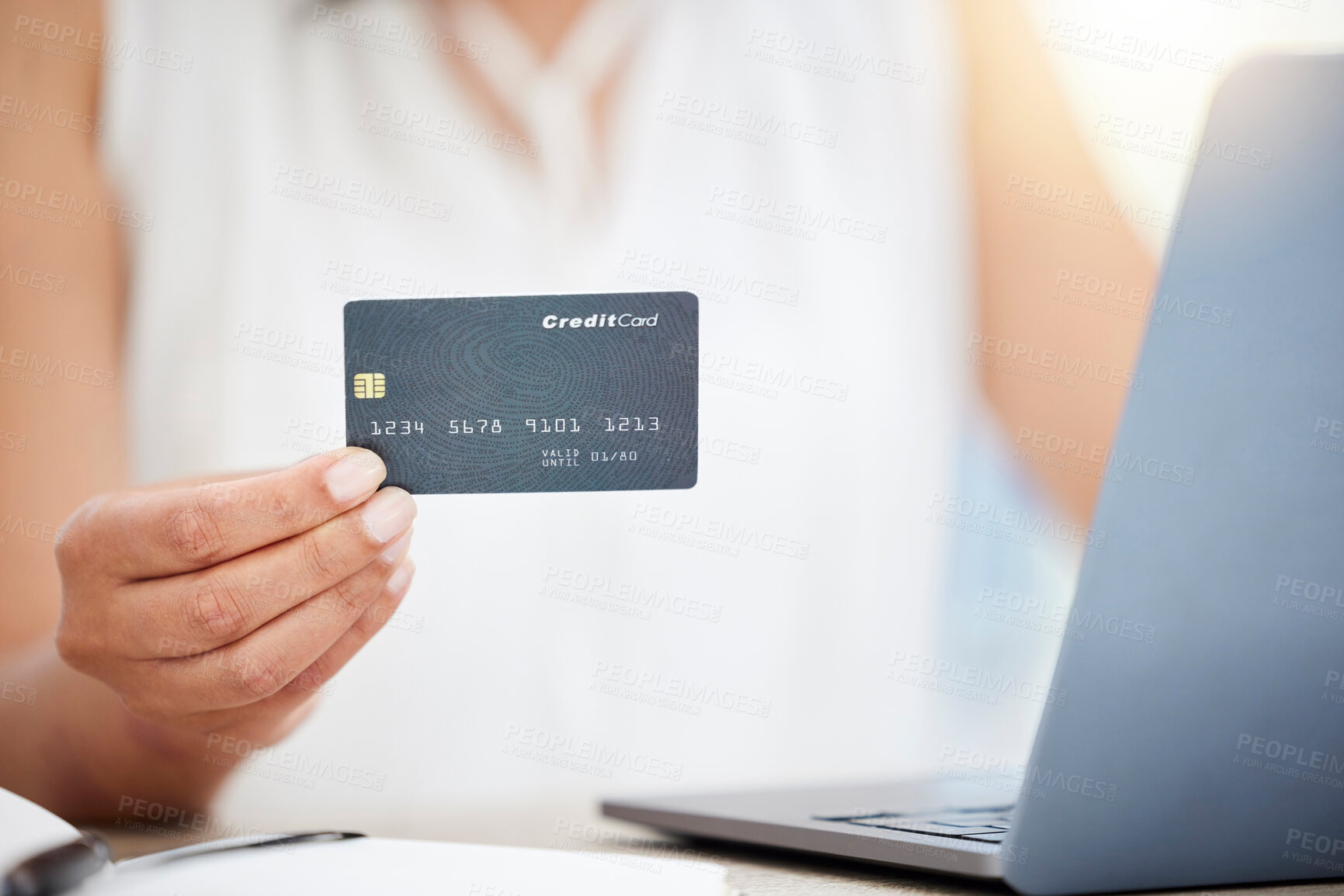 Buy stock photo Hand, credit card and e commerce with woman and laptop, corporate account and finance with payment on website. Female professional, online shopping and internet banking with investment and fintech