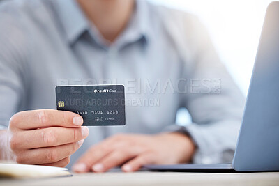 Buy stock photo Hand, credit card and e commerce with man and laptop, corporate account and finance with payment on website. Businessman, online shopping with internet banking, investment and trading with fintech