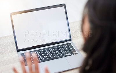 Buy stock photo Closeup shot of an unrecognisable businesswoman having a video call on a laptop with a blank screen in an office