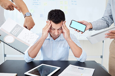 Buy stock photo Man, stress and hands for multitask at desk, documents and sad for chaos at office. Overworked, burnout or overwhelmed by deadline for accountant person, manager and workplace for annual report audit