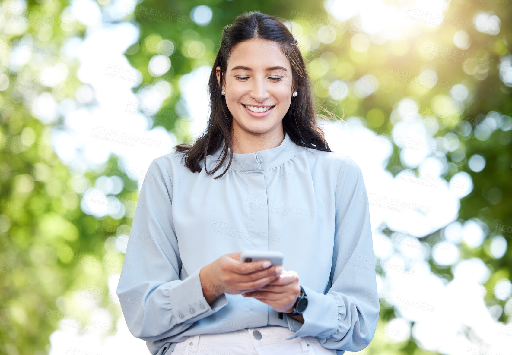 Buy stock photo Happy, smartphone and woman in nature for social media, streaming and networking or email. Business, contact and trader outdoor for stock market, internet and smile or mobile app with communication 