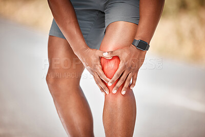 Buy stock photo Fitness, knee pain and injury with a sports man outdoor in nature for cardio or endurance running. Exercise, medical or anatomy accident with a male athlete holding a joint while training for health
