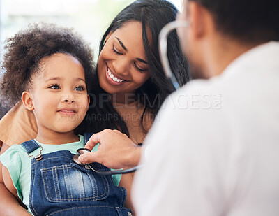 Buy stock photo Child, mother and doctor with stethoscope in healthcare service, listening to heart or lung test or exam. Happy family, african woman and kid with medical worker, pediatrician and clinic consultation