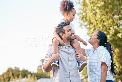 Buy stock photo Family, love and parents with their daughter in nature, sitting on shoulders in a park during summer. Mother, father and girl child bonding together outdoor in the countryside or a garden for freedom